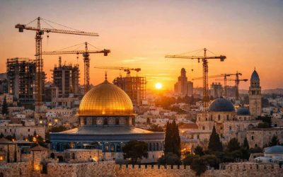 Construction cranes and modern developments transforming the historic Jerusalem skyline during an urban renewal boom