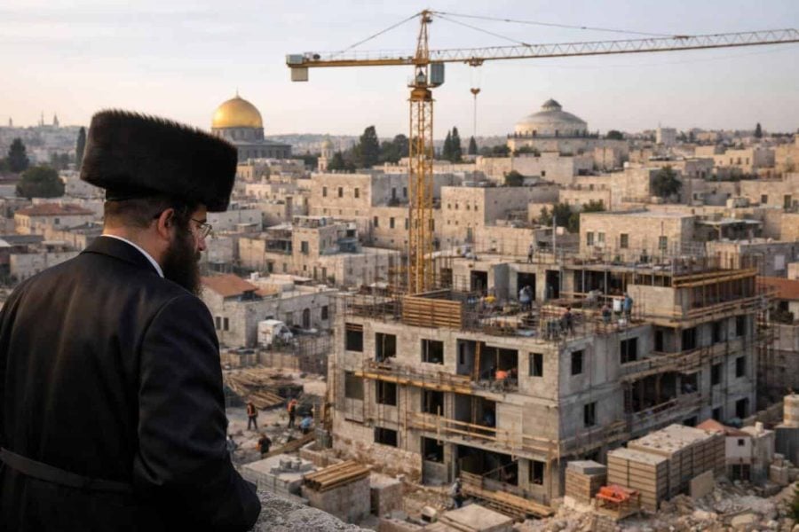 View of Jerusalem skyline featuring new residential construction in a historic Haredi neighborhood