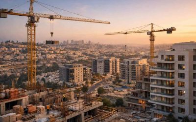 Construction cranes and new residential housing developments in the Jerusalem skyline