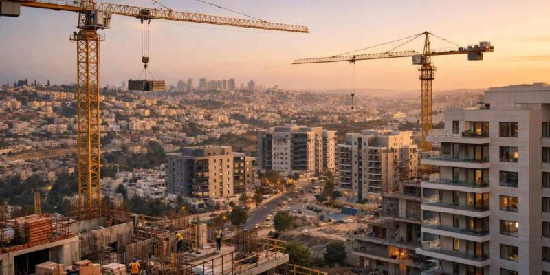 Construction cranes and new residential housing developments in the Jerusalem skyline