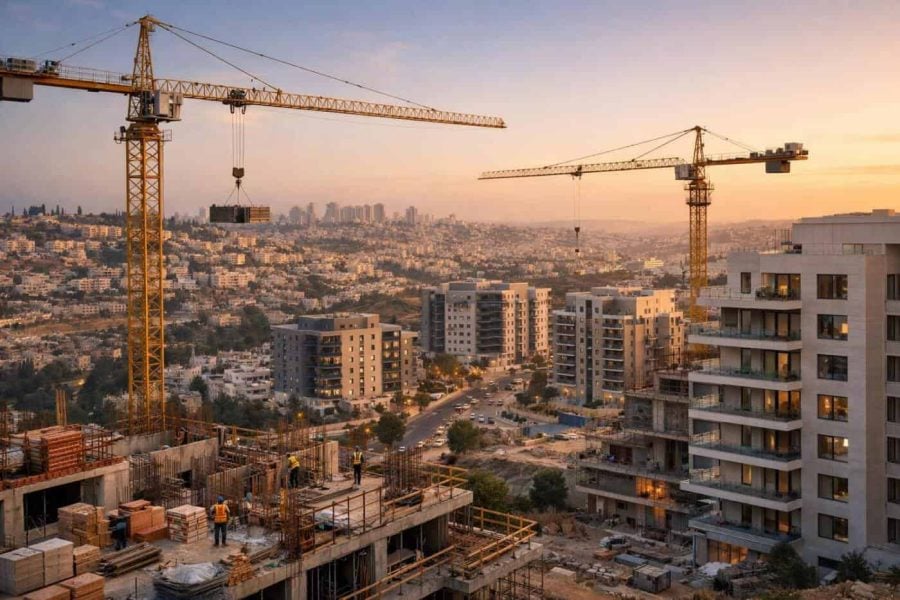 Construction cranes and new residential housing developments in the Jerusalem skyline