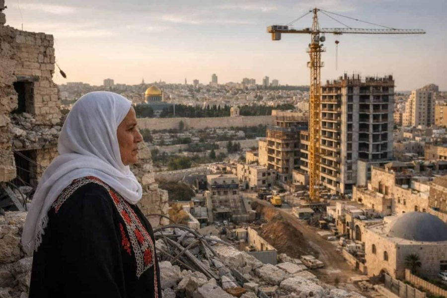 Modern high-rise construction contrasting with historic stone buildings in the Jerusalem skyline