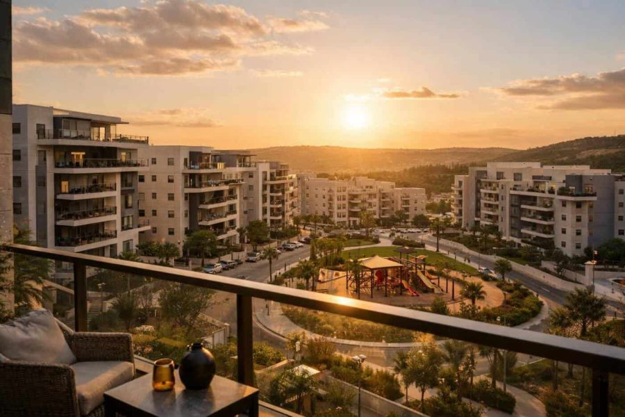 Panoramic view of modern residential buildings in the HaKalaniot neighborhood, Kiryat Ata