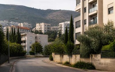 Residential apartment buildings in Kiryat Shmona viewed from a quiet street