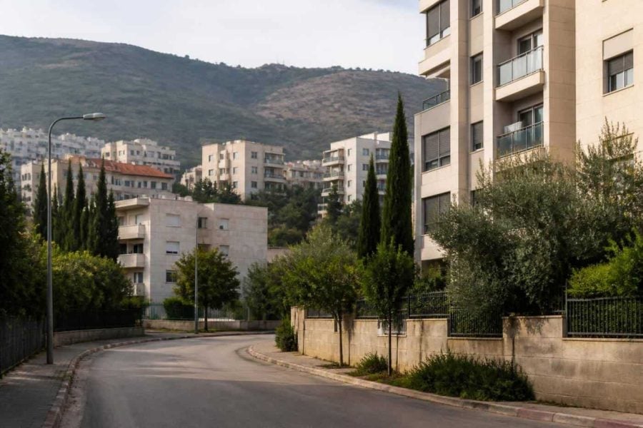 Residential apartment buildings in Kiryat Shmona viewed from a quiet street