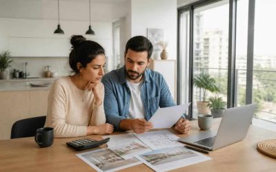 Couple reviewing housing costs at a kitchen table in a modern Israeli apartment