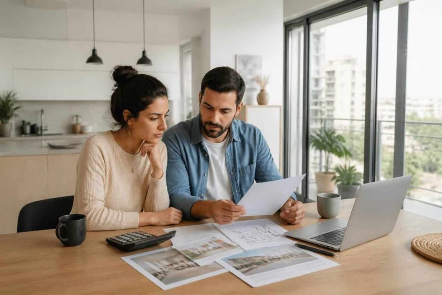 Couple reviewing housing costs at a kitchen table in a modern Israeli apartment