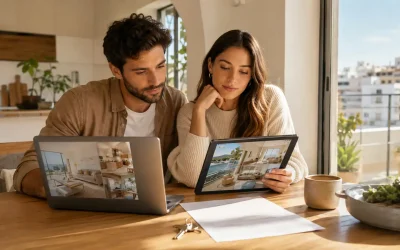 Renter couple comparing apartment listings beside a lease and keys while deciding on lease renewal vs moving