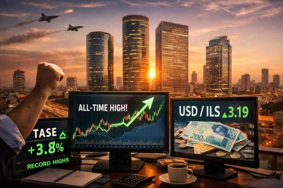 Graph displaying the surge of Tel Aviv stocks and the Israeli Shekel to historic highs