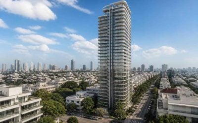 Photorealistic view of a modern luxury residential tower rising above a quiet North Tel Aviv neighborhood with greenery and city skyline