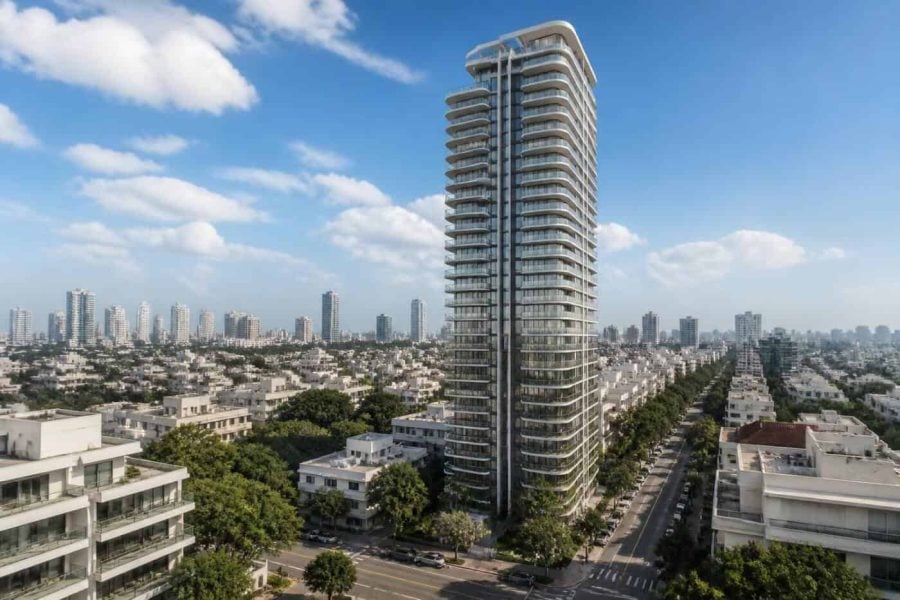 Photorealistic view of a modern luxury residential tower rising above a quiet North Tel Aviv neighborhood with greenery and city skyline