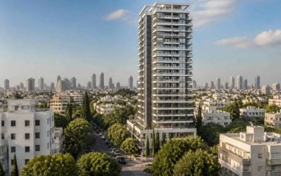 Photorealistic view of a modern luxury residential tower in a green North Tel Aviv neighborhood