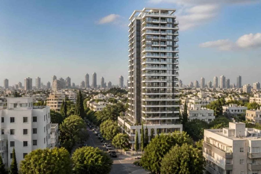 Photorealistic view of a modern luxury residential tower in a green North Tel Aviv neighborhood