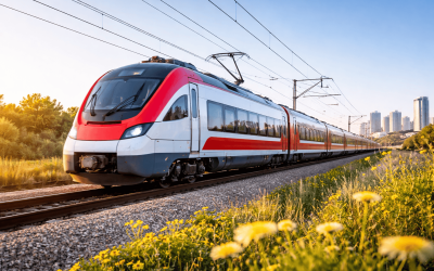 Modern red and white electric train on electrified tracks at dusk, with wildflowers in the foreground and a city skyline in the distance