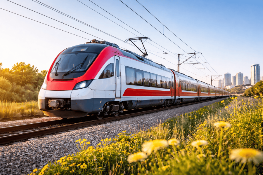 Modern red and white electric train on electrified tracks at dusk, with wildflowers in the foreground and a city skyline in the distance
