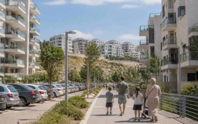 Modern residential apartment buildings and landscaped streets in Modi’in, Israel
