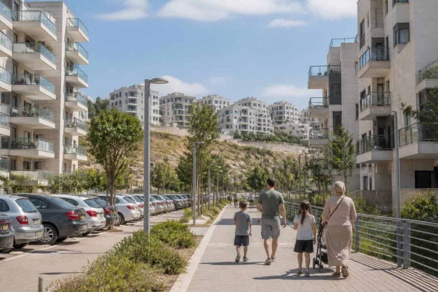 Modern residential apartment buildings and landscaped streets in Modi’in, Israel