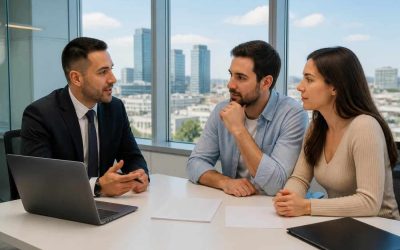 Homebuyers meeting with a mortgage advisor in a modern Israeli bank office