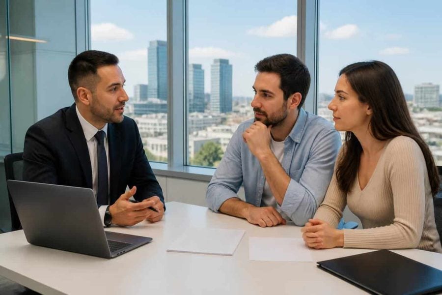 Homebuyers meeting with a mortgage advisor in a modern Israeli bank office