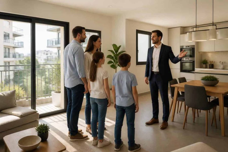 Family viewing a modern apartment in Israel while planning a move before the school year