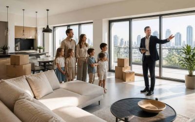 Anglo family viewing a spacious modern apartment in Israel before relocating for the school year