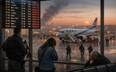 An empty departures board and grounded planes at Ben-Gurion Airport reflecting historic flight reductions