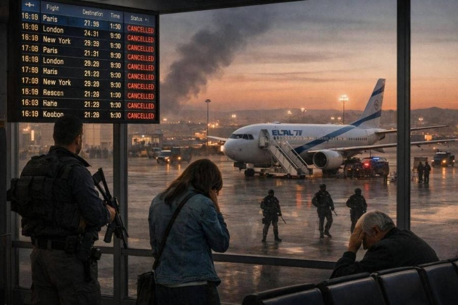 An empty departures board and grounded planes at Ben-Gurion Airport reflecting historic flight reductions