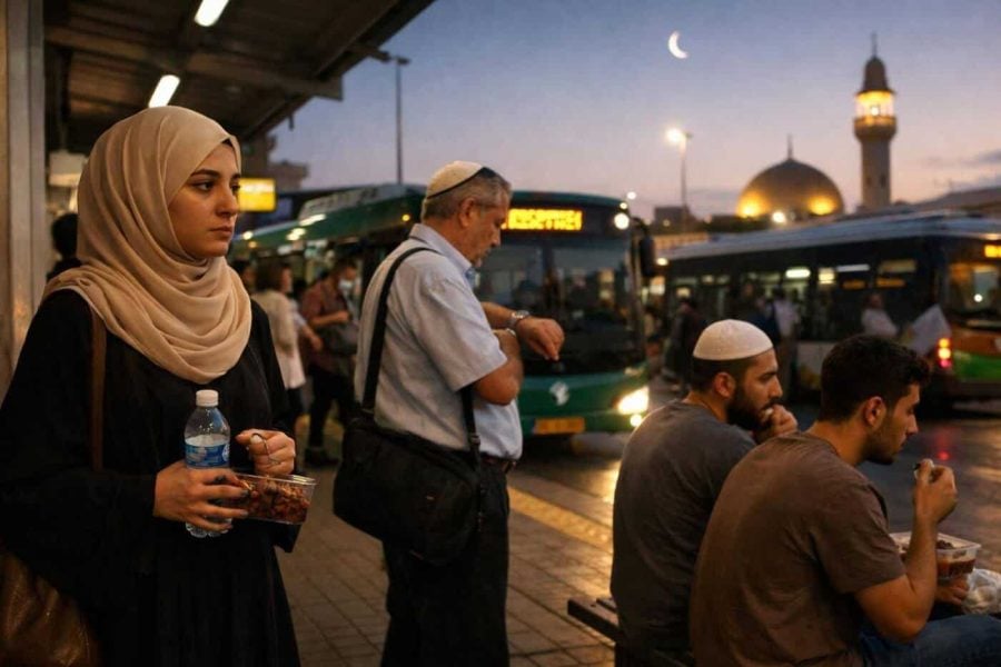 Public bus at a central station in Israel during Ramadan 2026 schedule changes
