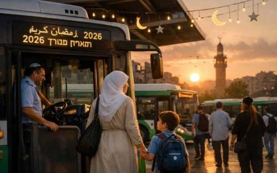 Israel central bus driving through city street during Ramadan 2026 transportation schedule updates