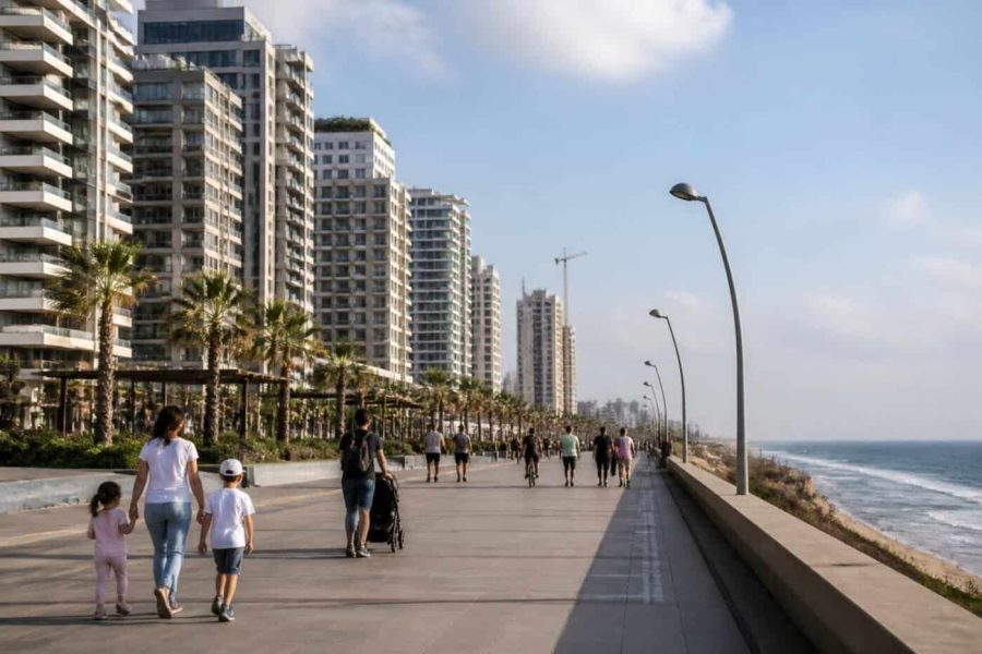 Modern apartment buildings along the Netanya coastline with residential neighborhoods and the Mediterranean Sea nearby