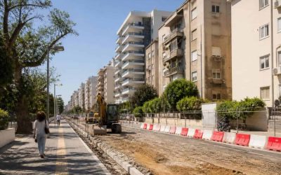 Construction crews and apartment buildings in a Netanya neighborhood undergoing urban renewal