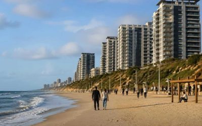 Modern apartment towers and beachside residences along the Netanya coastline at sunset