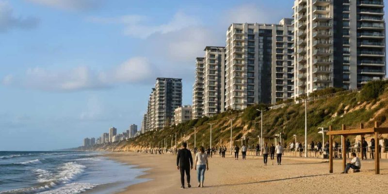 Modern apartment towers and beachside residences along the Netanya coastline at sunset