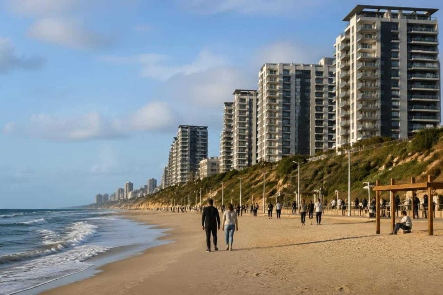Modern apartment towers and beachside residences along the Netanya coastline at sunset