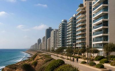 Photorealistic view of modern apartment buildings overlooking the Mediterranean coastline in Netanya