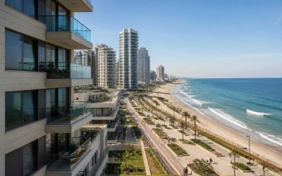 Modern apartment towers along the Netanya coastline with the Mediterranean Sea in the background