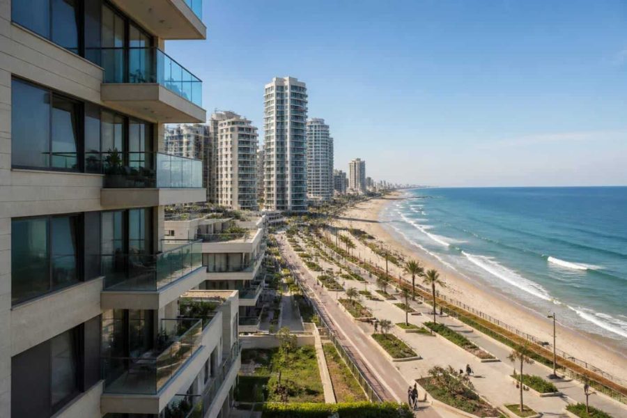 Modern apartment towers along the Netanya coastline with the Mediterranean Sea in the background