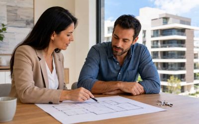 Buyer reviewing a new-build apartment plan with keys and documents in Israel