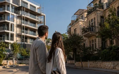 Couple comparing a new apartment tower and an older residential building while weighing developer incentives versus resale value