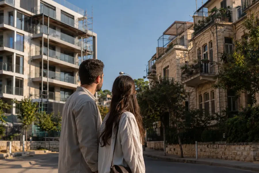 Couple comparing a new apartment tower and an older residential building while weighing developer incentives versus resale value