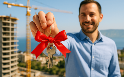 Man holding house key with bow in front.