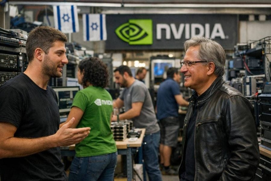 Nvidia logo displayed on the exterior of the new expanded office facility in Yokneam, Israel