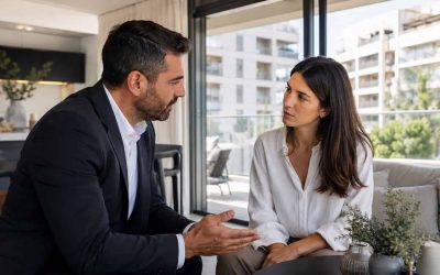 Real estate agent speaking quietly with a buyer in a bright apartment before public listing