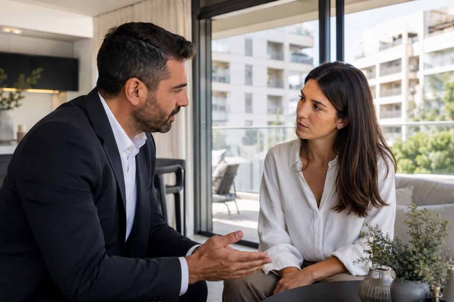 Real estate agent speaking quietly with a buyer in a bright apartment before public listing