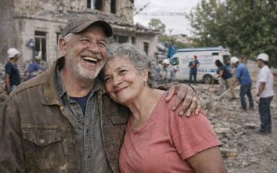 Older Ashkenazi Israeli couple smiling and hugging in front of a rehabilitation and rebuilding site, with volunteers clearing rubble in the background