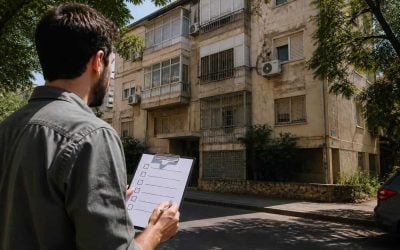 Older Israeli apartment building exterior with buyer reviewing renovation checklist