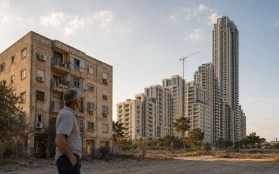 older man beside aging building and new towers