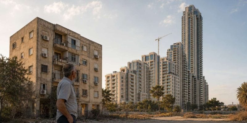 older man beside aging building and new towers