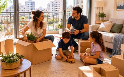 New olim family with unpacked boxes in a simple Israeli rental apartment