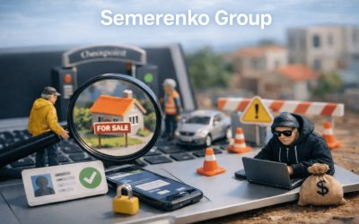 Online marketplace security scene with verified ID safe payments and property fraud prevention on laptop keyboard